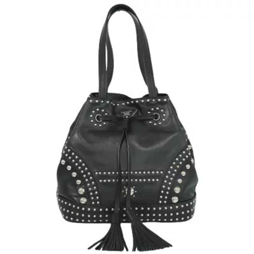 Prada Studded Tote Leather Shoulder Bag Black
